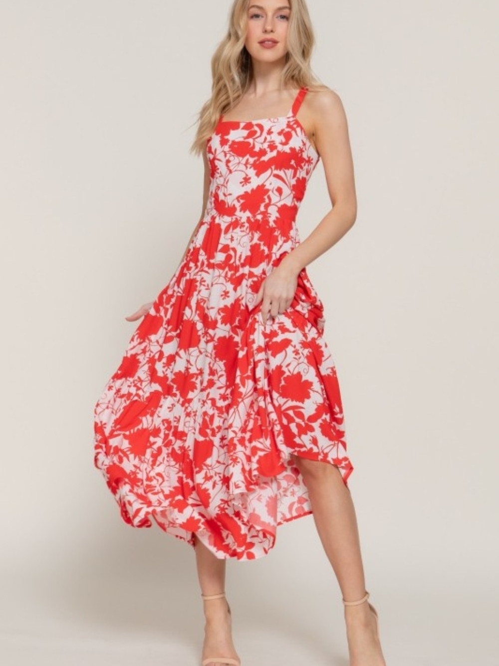 Active Basic Floral Red and White Midi Dress - Picture 3 of 6